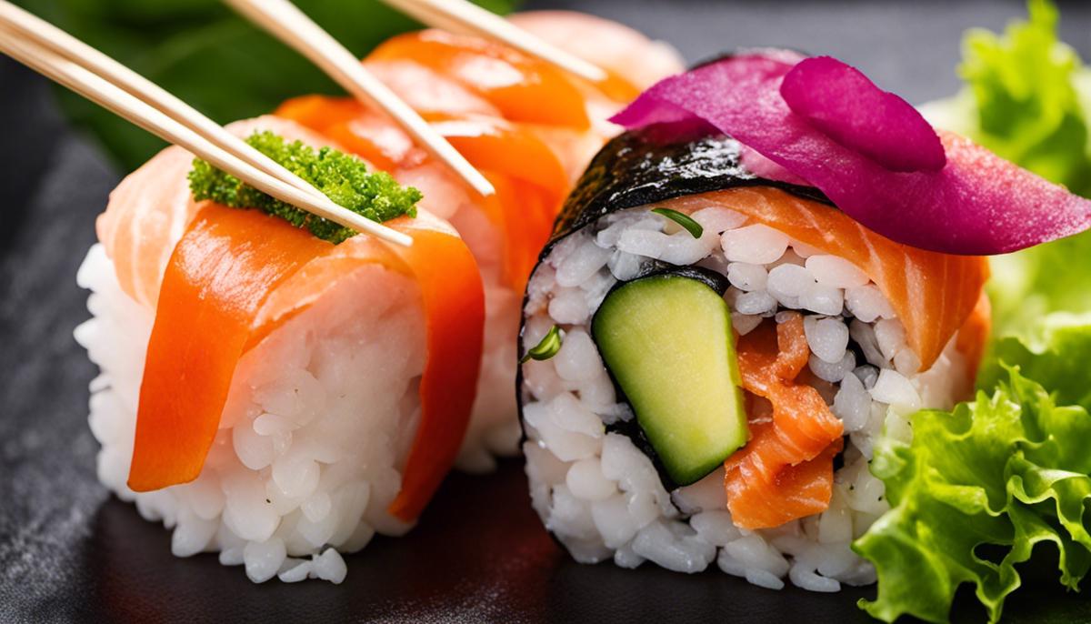 Imagen de sushi vegetariano que muestra diferentes ingredientes como verduras y arroz para complementar el texto y representar visualmente el tema de la alimentación saludable.
