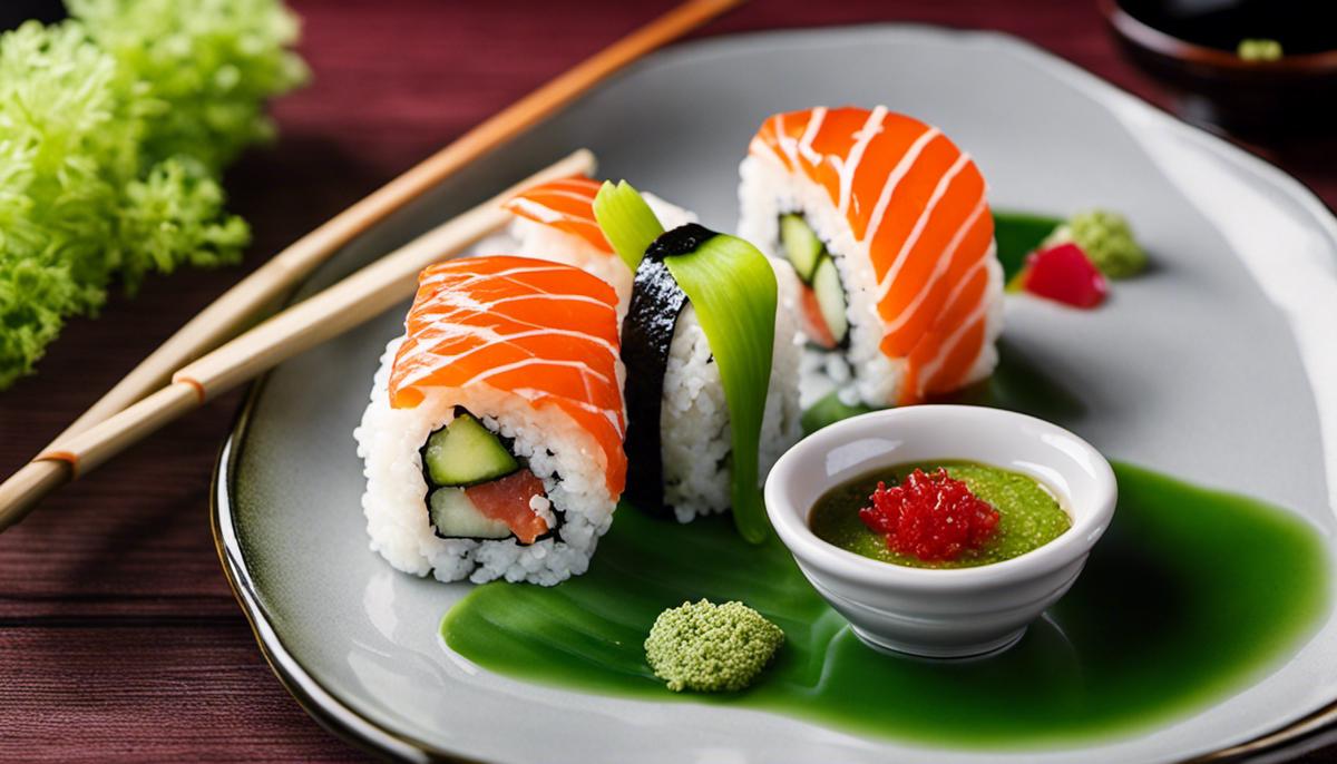 Un plato de sushi con un pequeño cuenco de wasabi al lado, que muestra el vibrante color verde y el arte de la cocina japonesa.