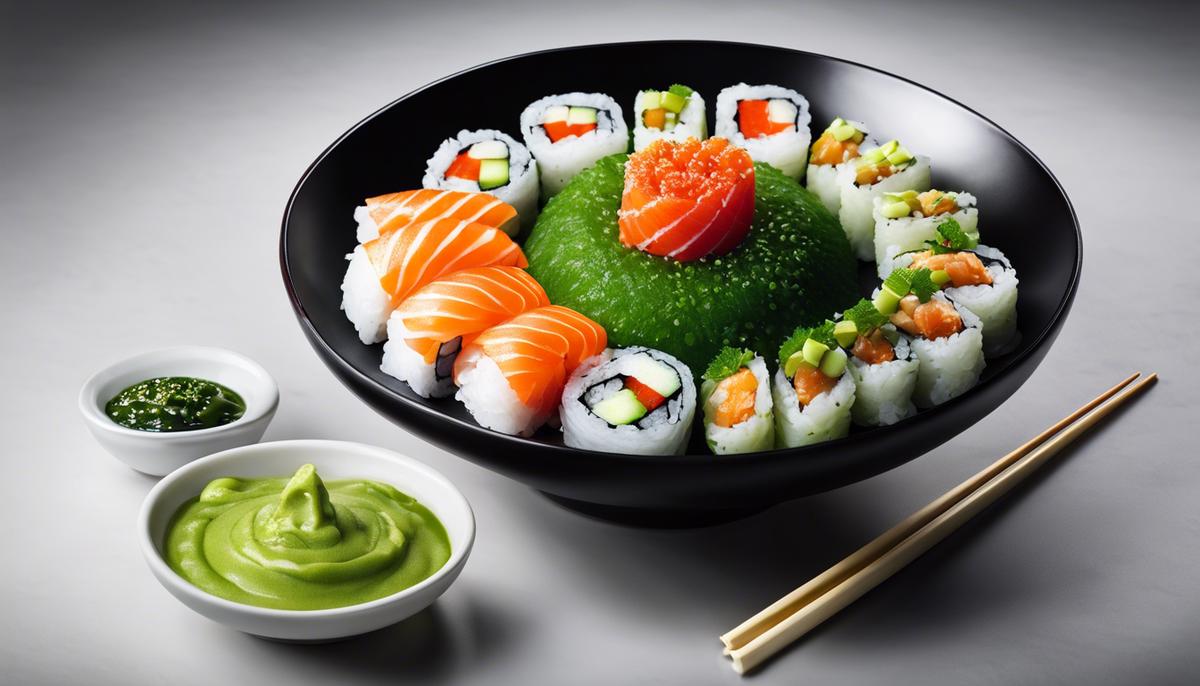 Una imagen de un plato de sushi con una cucharada de wasabi encima, que muestra los beneficios para la salud y el uso culinario del wasabi