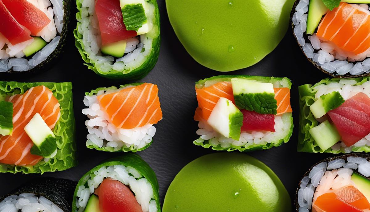 A close-up image of freshly prepared sushi rolls topped with a dollop of vibrant green wasabi paste